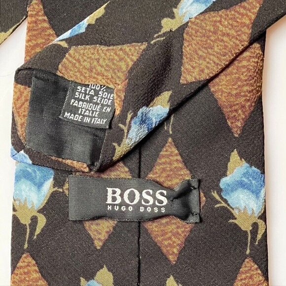 Hugo Boss Silk Necktie With Brown & Blue Argyle Floral Pattern - Picture 7 of 7